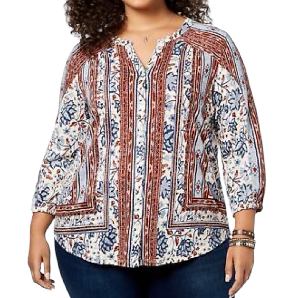 Style & Co. Boho Floral Cotton Modal Split Neck Button Front Top 1X Blue Brown